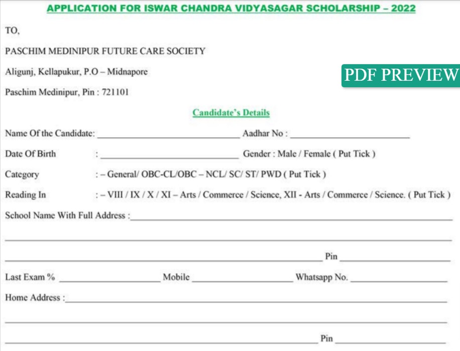 Application for Iswar Chandra Vidyasagar Scholarship 2023